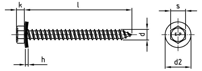 Homlokzati csavar hegyes heggyel és 16 mm EPDM alátéttel - A 6,5 x 175 mm - 100 db.