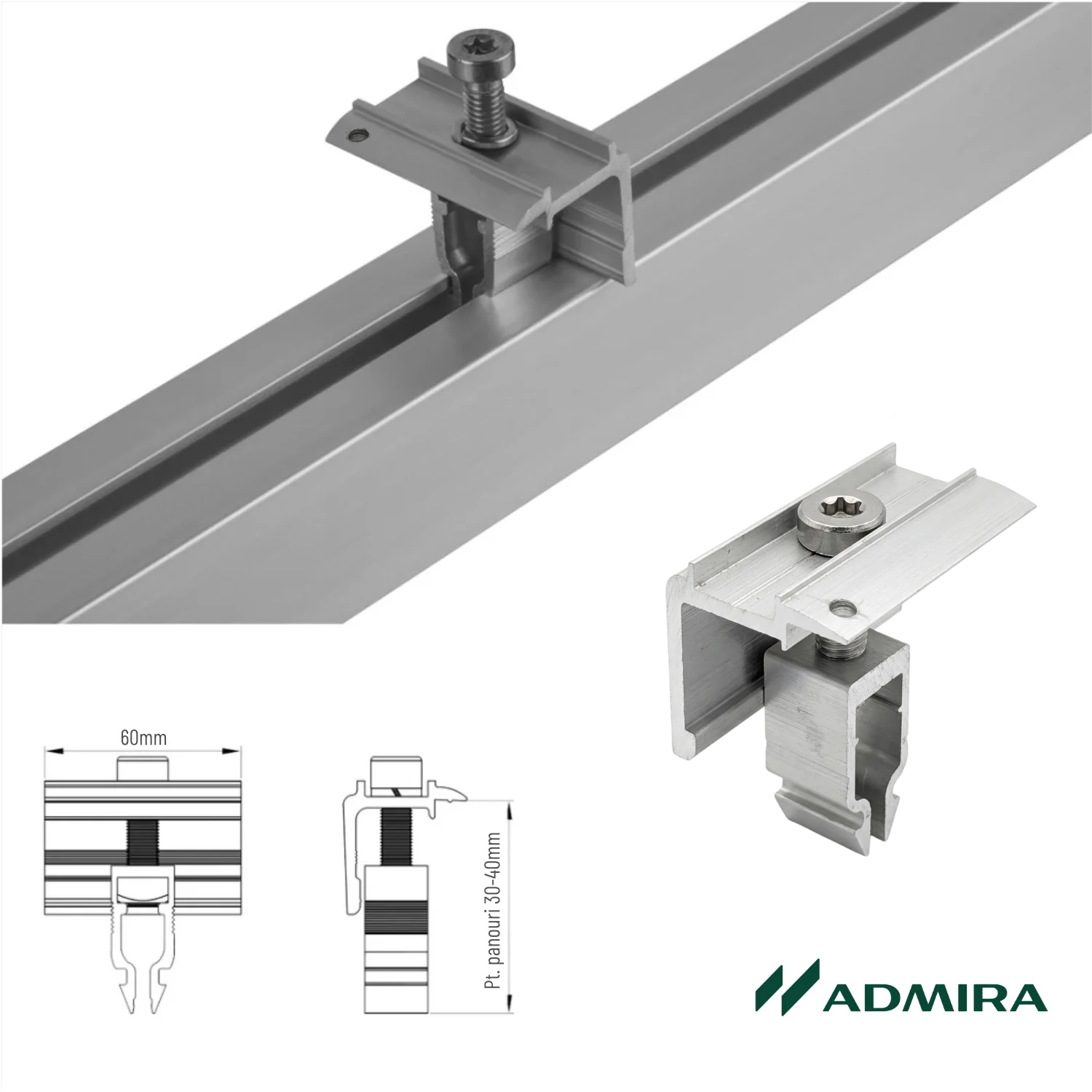 Clemă de capat universala 30-40mm rapida cu pin împământare pt. profil H 40x40mm, fixare panouri solare fotovoltaice