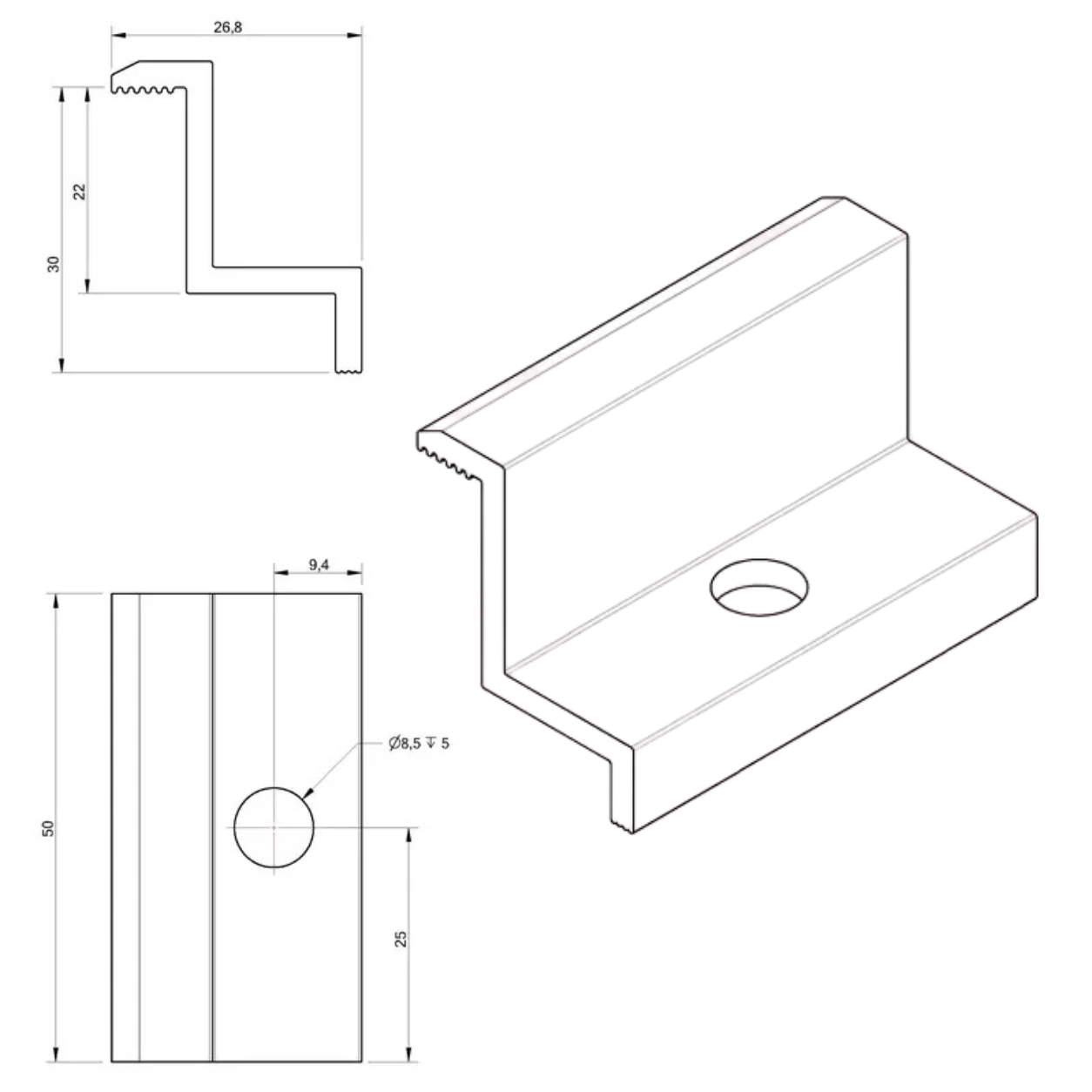 Clema de capat 30 mm aluminiu negru anodizat, fixare panouri solare fotovoltaice M8