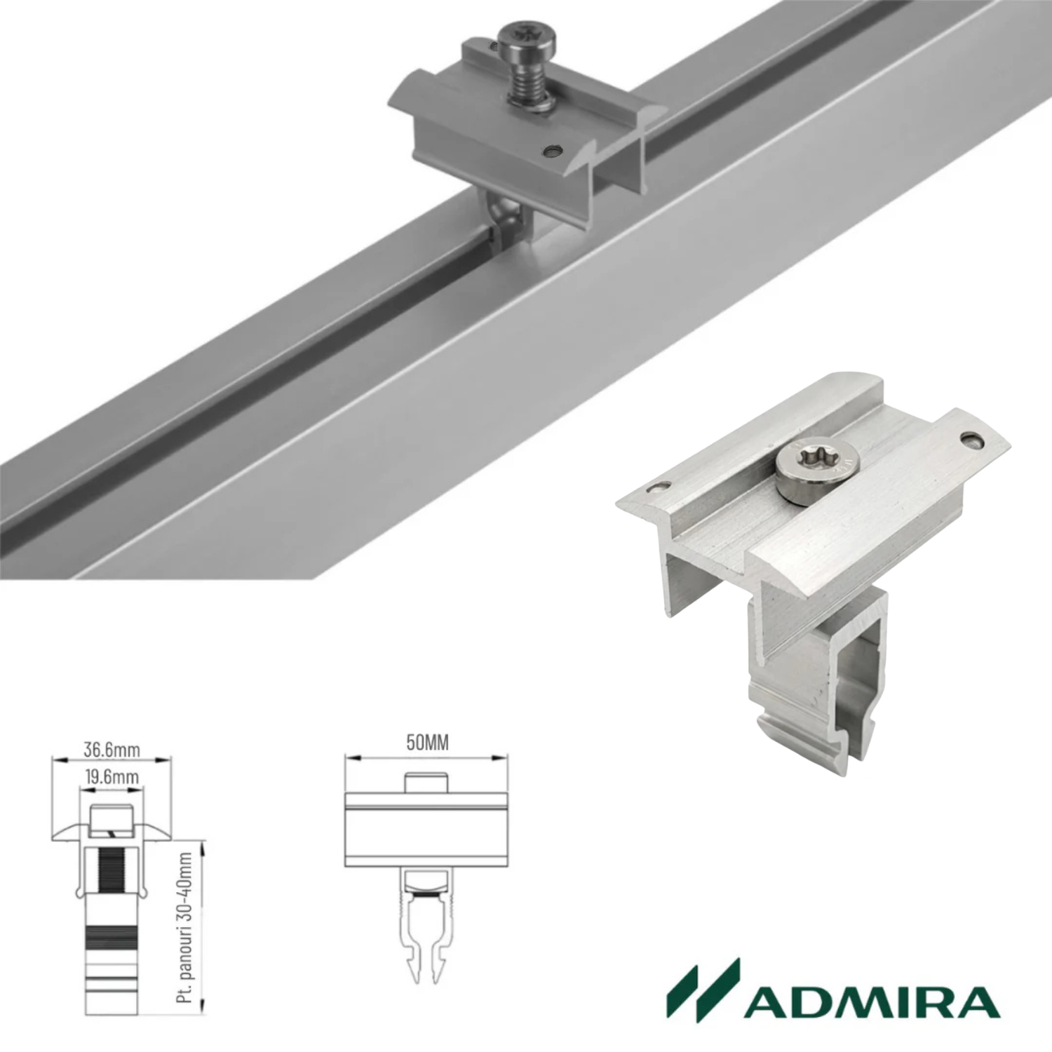 Univerzális gyors középső szorító 30-40mm földelő stifttel H 40x40mm profilhoz, napelem rögzítéshez