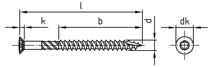 Fa csavar terasz- és decképítéshez, süllyesztett fejjel, bordázott és T-Drill heggyel - 5,0 x 70/46 TX 25 - 100 db.