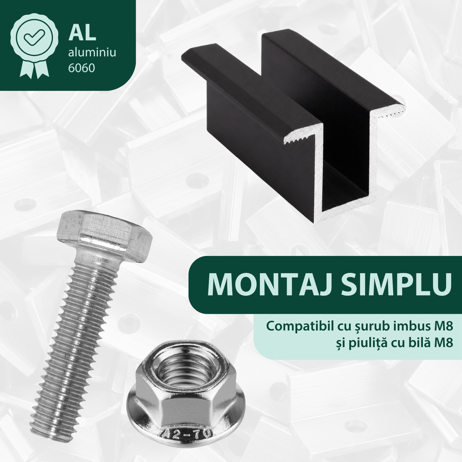 Clema de mijloc intermediara 20 mm aluminiu negru anodizat, fixare panouri solare fotovoltaice M8