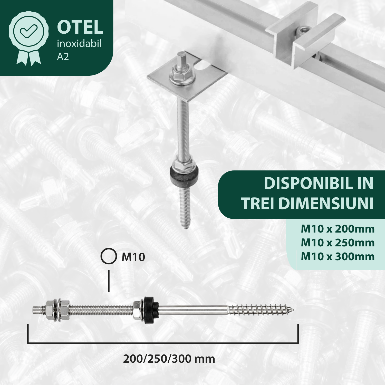 Șurub tip ancora V2 hanger bolt cu filet dublu M10, piulițe DIN6923 + EPDM, oțel inoxidabil A2, pentru prindere panou solar fotovoltaic