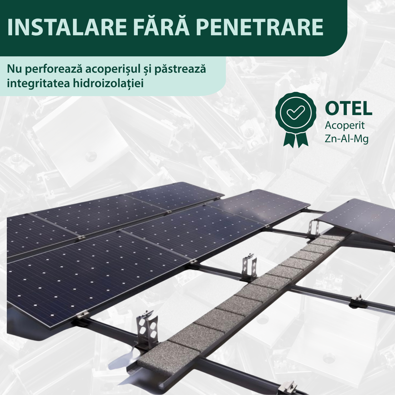 Sistem montaj panouri fotovoltaice J-systems acoperiș plat terasă balastat E-V, fără penetrare, rezistent la taifun