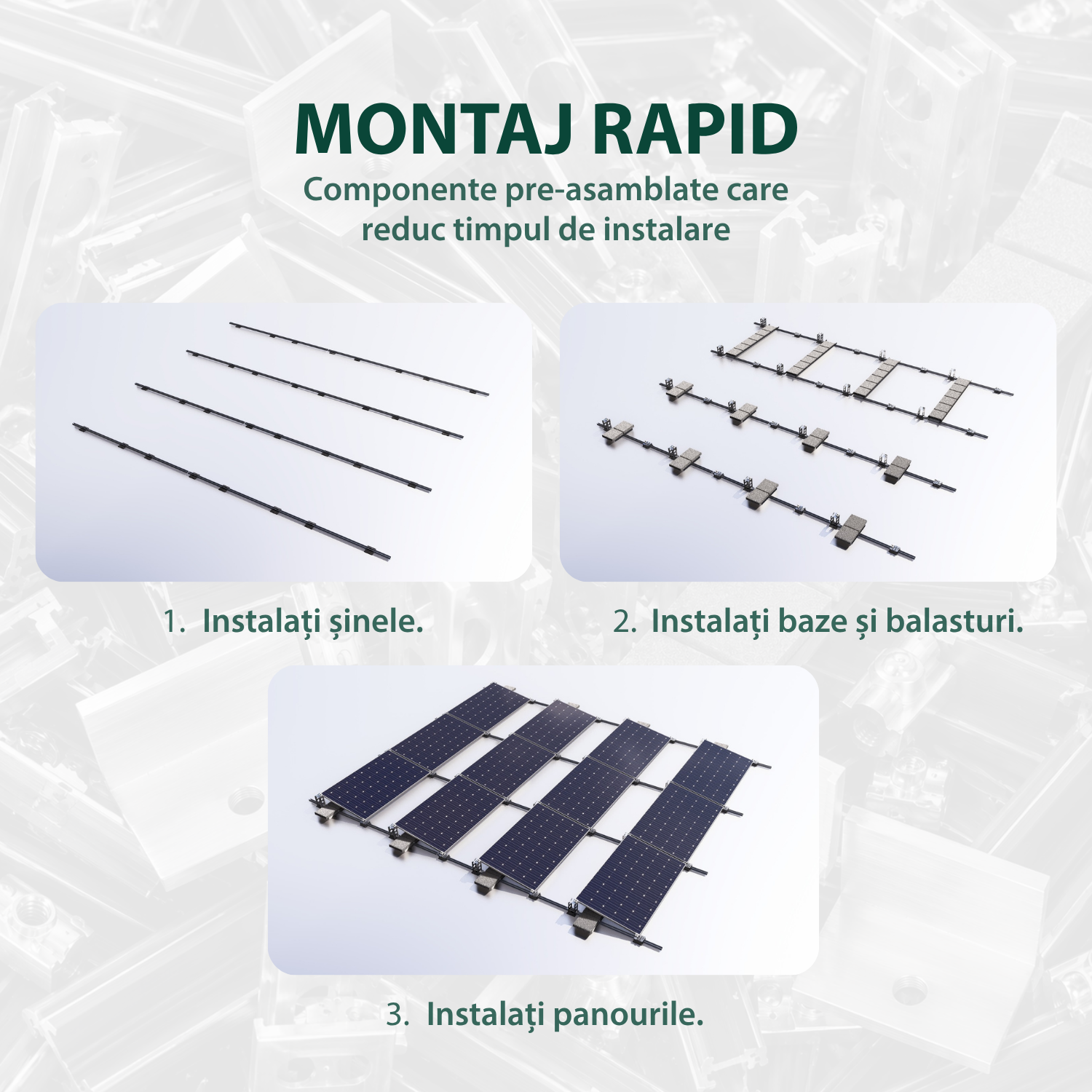 Sistem montaj panouri fotovoltaice J-systems acoperiș plat terasă balastat E-V, fără penetrare, rezistent la taifun