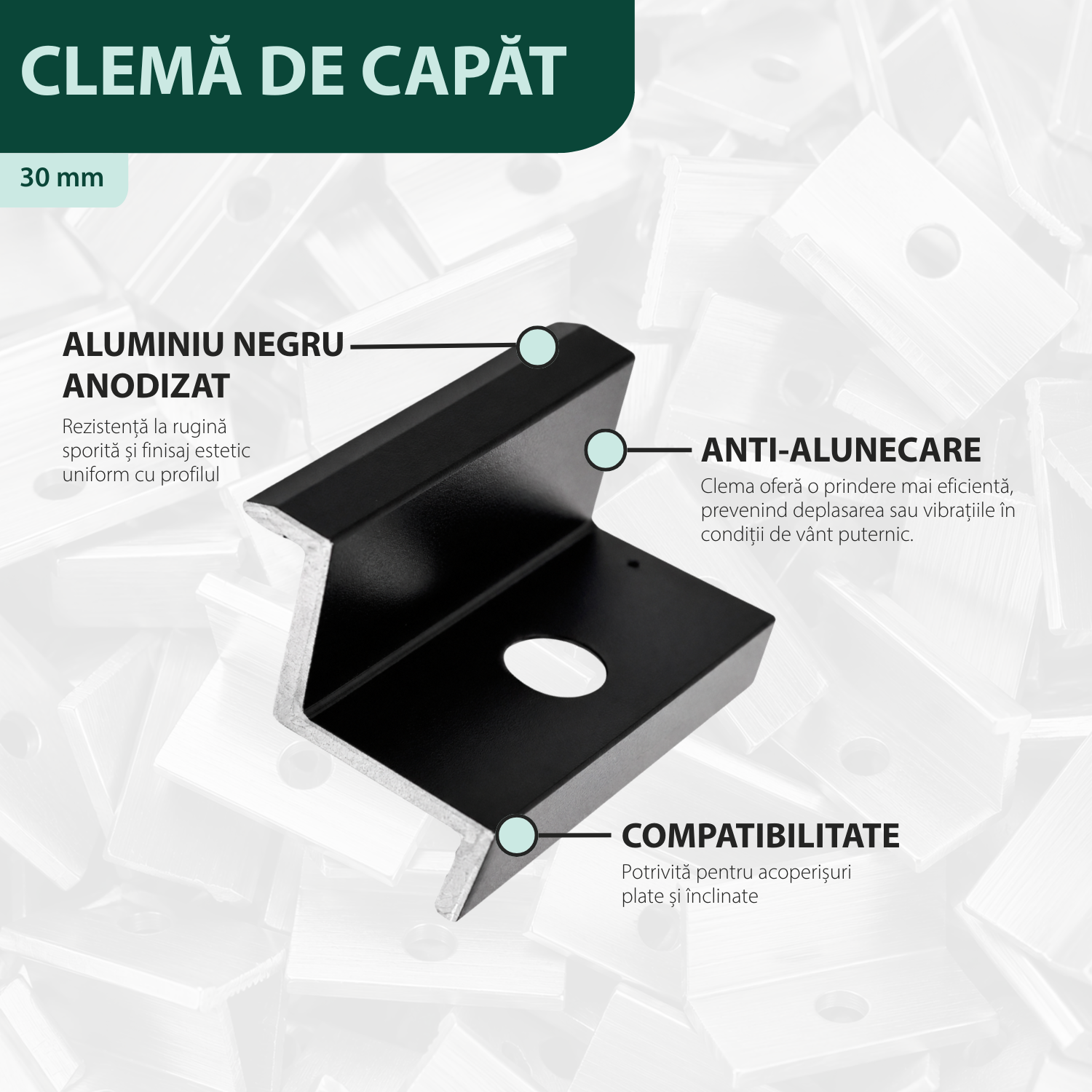 Clema de capat 30 mm aluminiu negru anodizat, fixare panouri solare fotovoltaice M8