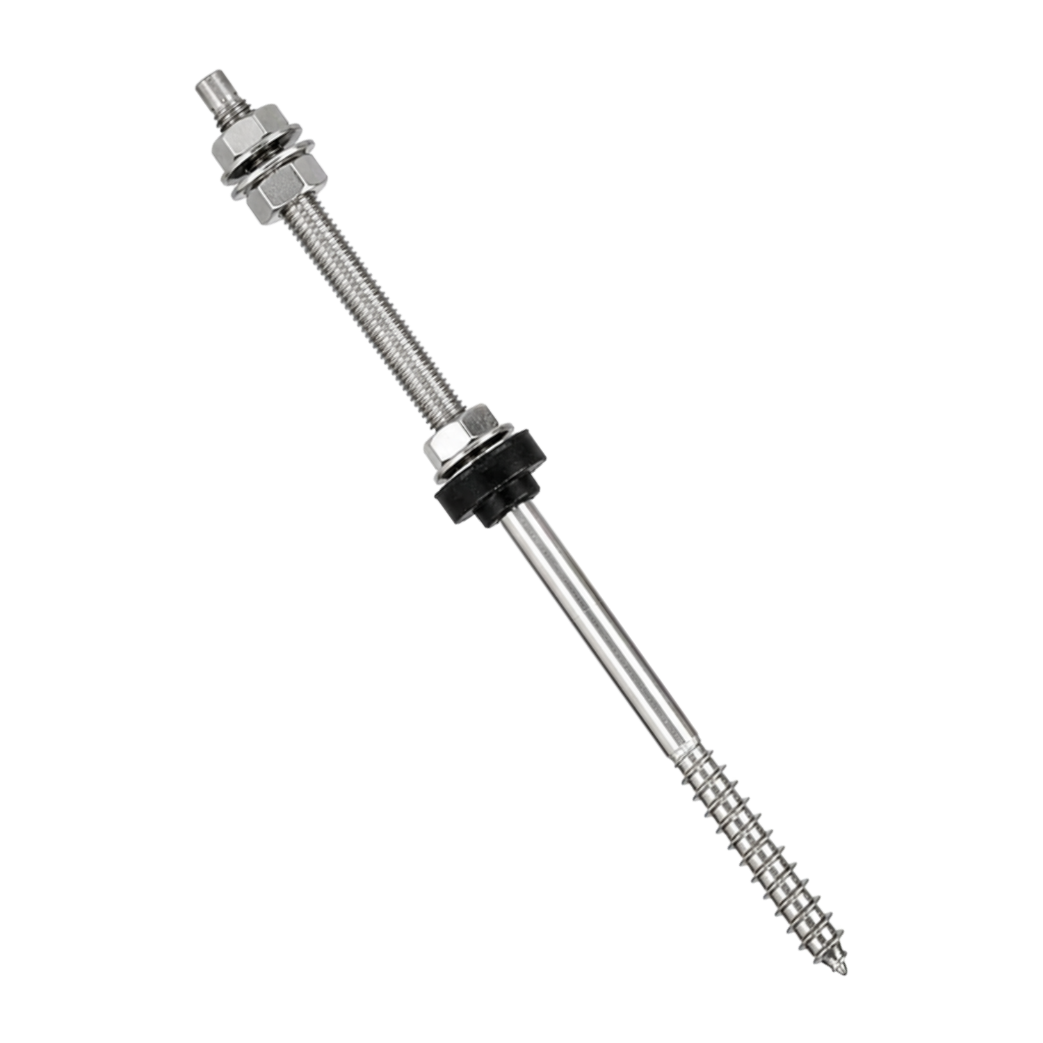Șurub tip ancora V2 hanger bolt cu filet dublu M10, piulițe DIN6923 + EPDM, oțel inoxidabil A2, pentru prindere panou solar fotovoltaic
