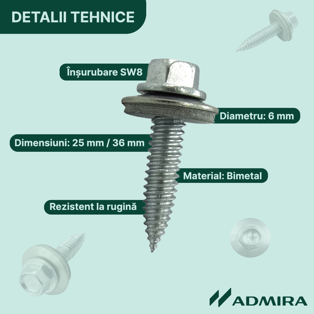 100x Șurub cu cap autofiletant și garnitură pt. tablă subțire, Inox A2, Bimetal, SW8, ETA