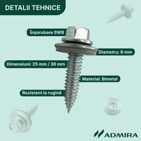 100x Șurub cu cap autofiletant și garnitură pt. tablă subțire, Inox A2, Bimetal, SW8, ETA
