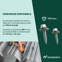 100x Șurub cu cap autofiletant și garnitură pt. tablă subțire, Inox A2, Bimetal, SW8, ETA