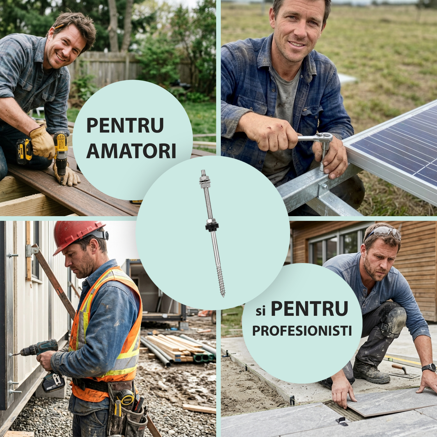 Șurub tip ancora V2 hanger bolt cu filet dublu M10, piulițe DIN6923 + EPDM, oțel inoxidabil A2, pentru prindere panou solar fotovoltaic