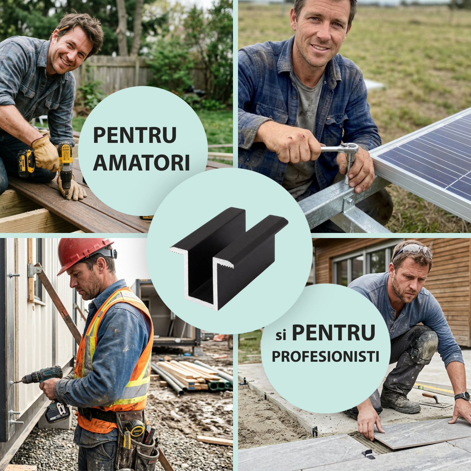 Clema de mijloc intermediara 20 mm aluminiu negru anodizat, fixare panouri solare fotovoltaice M8