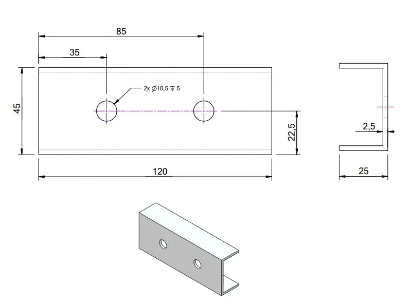 Conector din aluminiu anodizat 120x45x25mm pentru profile 40x40mm panouri solare fotovoltaice