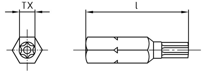 Bit siguranta pentru surub cap stea - 1/4" x 25 TX - PIN 55 mm