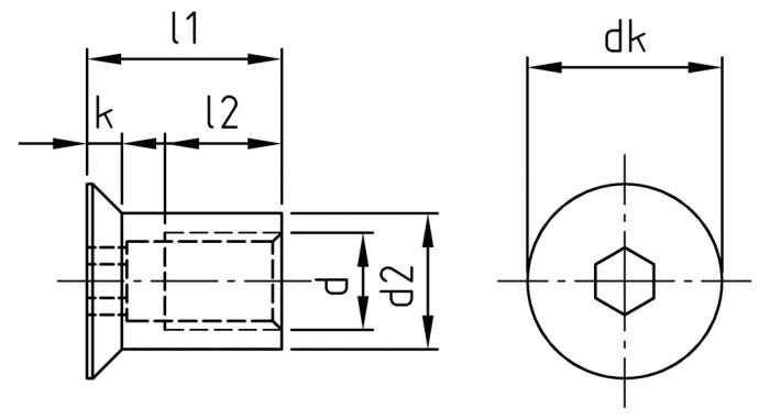 Süllyesztettfejű, hatlapbelső hornyú hengeres anya - M10 x 20 mm - 50 db.