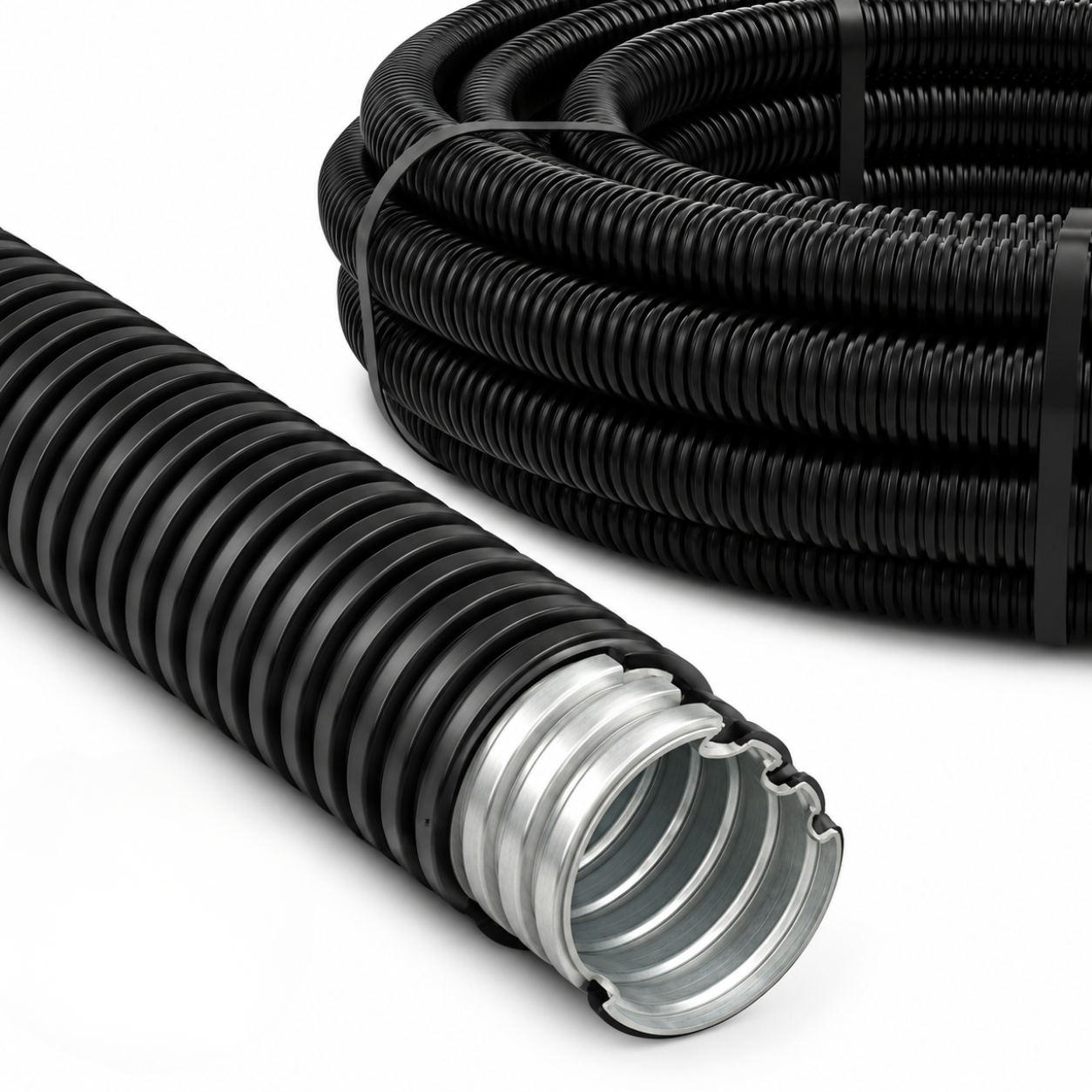 Tub gofrat copex metalic 21mm, flexibil, cu izolatie PVC, colac 50 m, protecție cabluri electrice