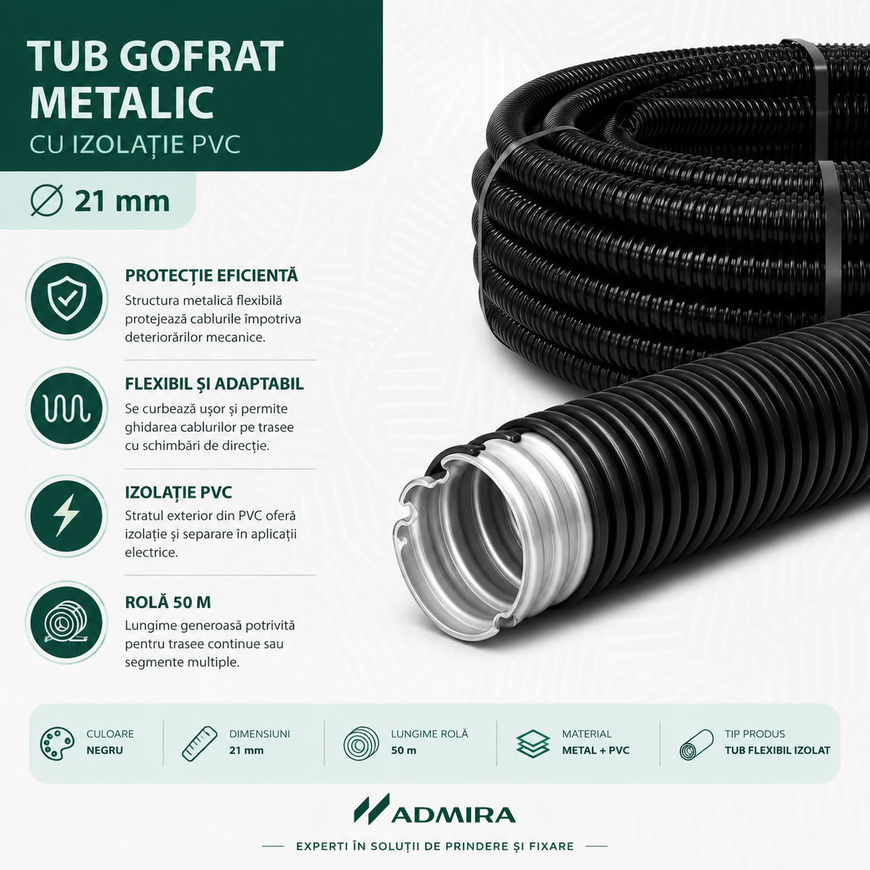Tub gofrat copex metalic 21mm, flexibil, cu izolatie PVC, colac 50 m, protecție cabluri electrice